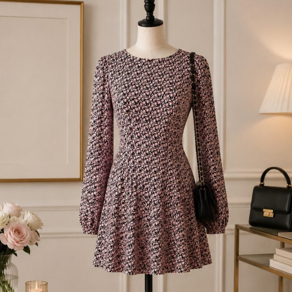 Maje Accordian Micro Pleats Long Sleeve Patterned Dress Black Pink EU36